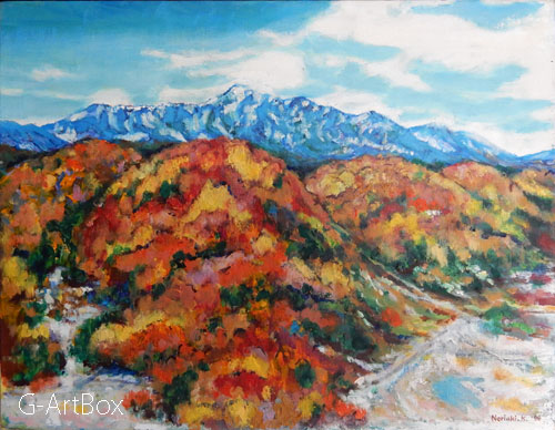 油絵・鬼無里村から戸隠山・秋