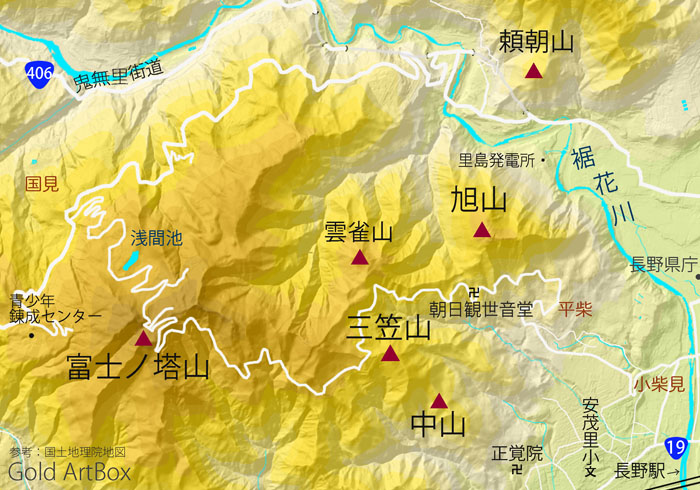 地図：旭山から富士の塔