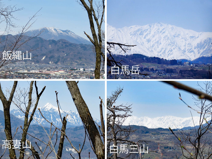photo 木々の枝越しに見る,飯縄山,白馬岳,高妻山,白馬三山