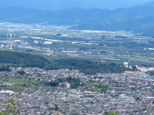 photo：水量が多い千曲川①と新幹線車両基地②・地附山から