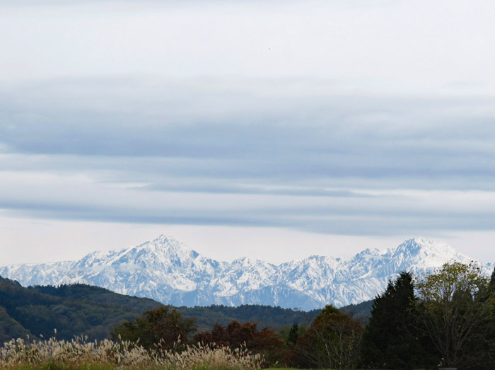 photo：雪化粧した鹿島槍ヶ岳、五竜岳・戸隠高原豊岡の蕎麦屋さんから